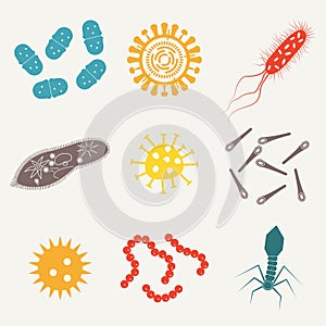 Virus and bacteria icon set. Viruses and bacterias isolated on white background. Colorful vector illustration